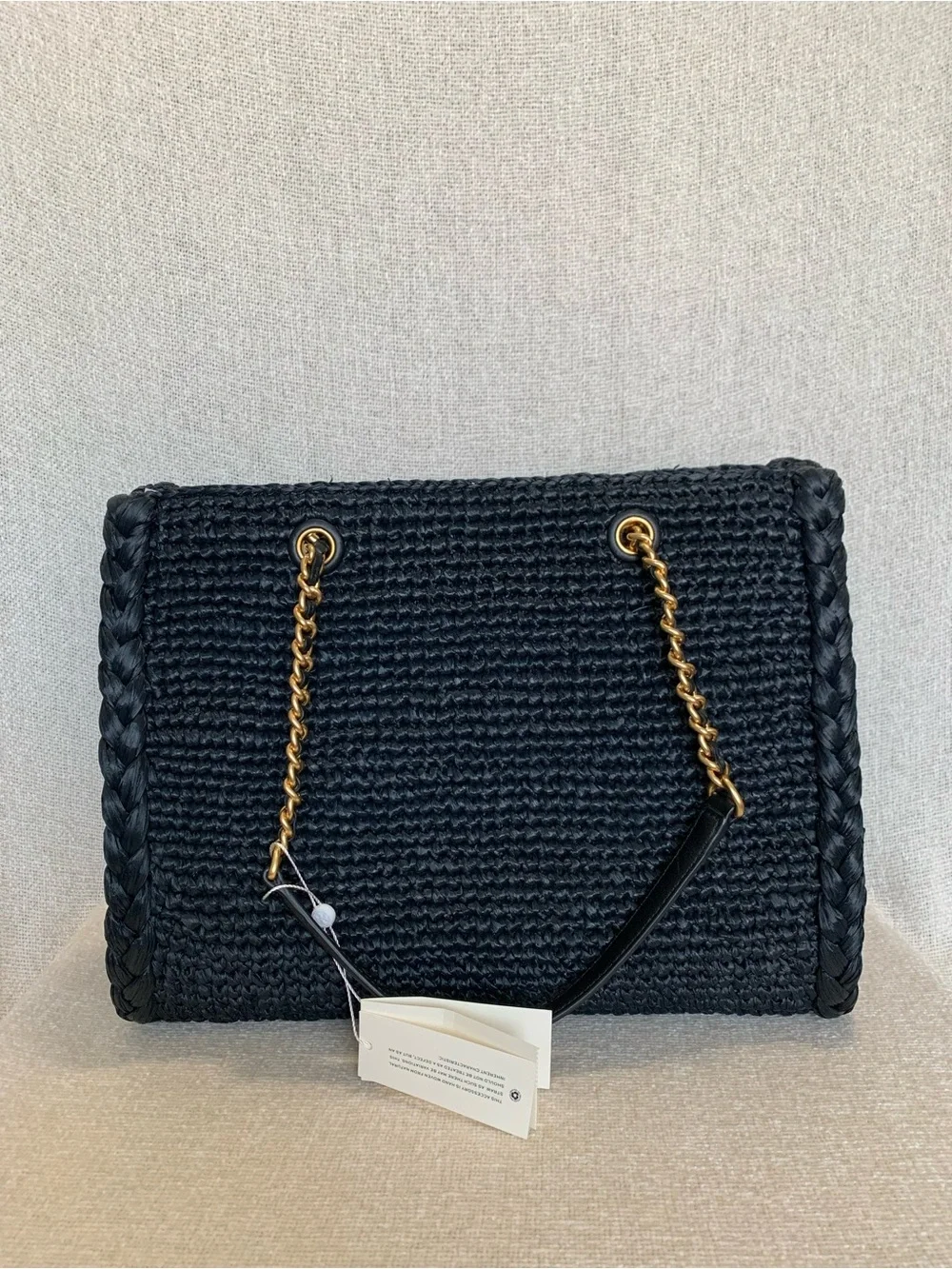NEW Tory Burch Ella Melange Chain Strap Black Raffia Small Tote Bag